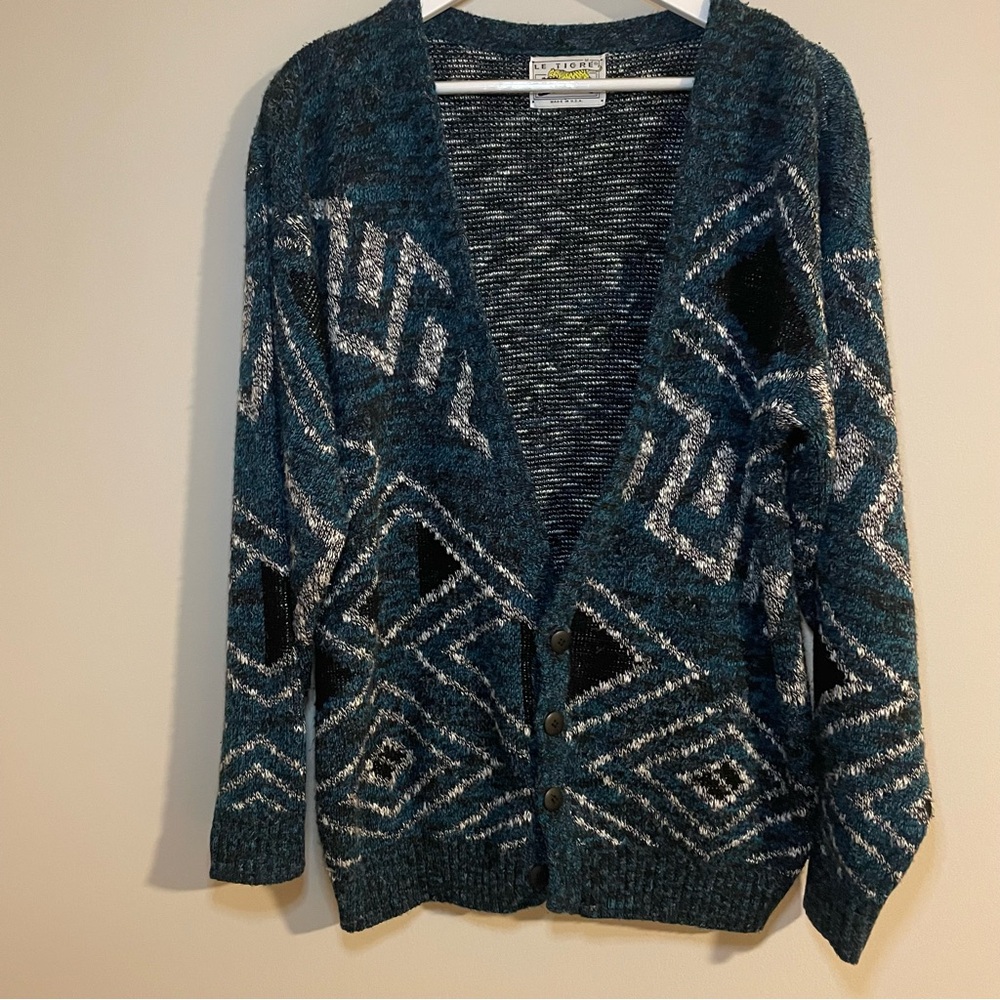 Vintage Le Tigre Teal Black Geometric Cardigan